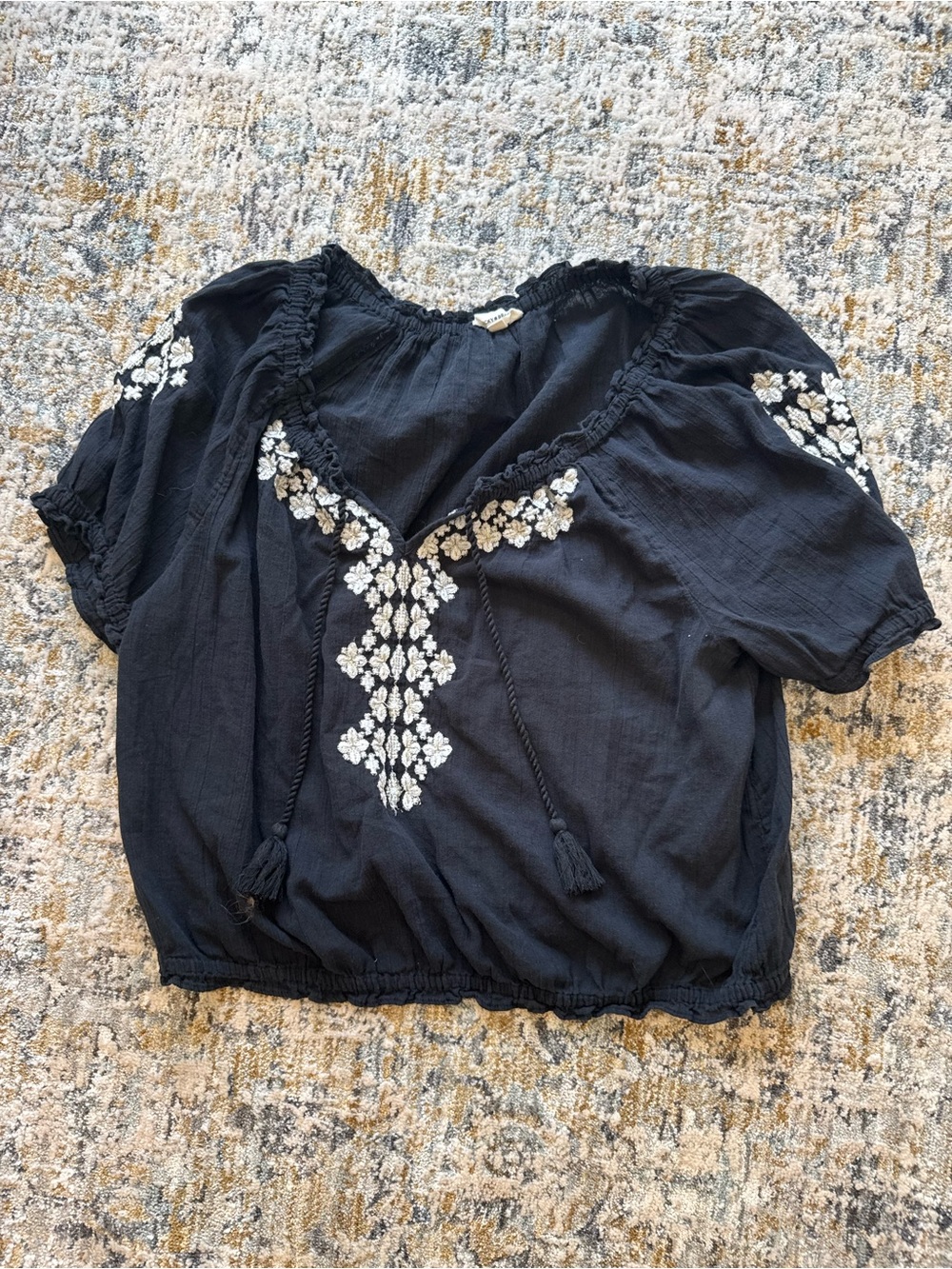 Lucky Brand Black Embroidered Tassel Peasant Blouse